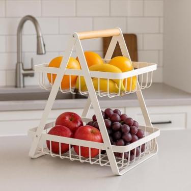 Imagem de Cesta de Frutas Fruteira de Arame Metal 2 Andares 22x14cm Organizador para Cozinha Bancada Legumes Pães Design Moderno Resistência Acabamento Mantém Alimentos Frescos (Branco)