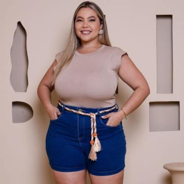 Imagem de Short Básico Jeans Plus Size Destroyer Azul Com Cordão Detalhado Tranç