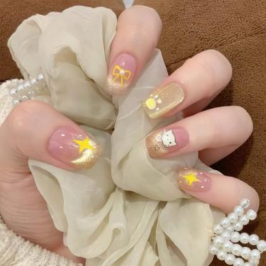 Imagem de Unhas postiças quadradas curtas com olho de gato francês com lindo design de laço de estrela, cobertura completa, cola em bastão falso artificial em unha de acrílico para mulheres, uso diário, 24