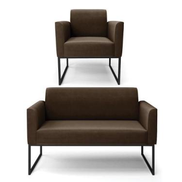 Imagem de Sofá Namoradeira Com Poltrona Base Industrial Preto Marisa Suede Marro