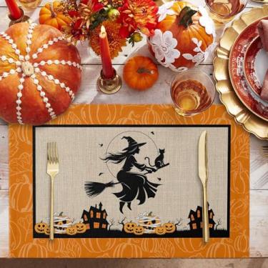 Imagem de Jogo americano com silhueta de bruxa preta para mesa de jantar, abóbora castelo, tapete de mesa de inverno, férias, casa, festa, cozinha, decoração de mesa, conjunto com 2