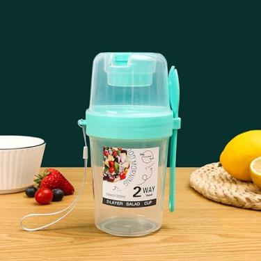 Imagem de Recipiente de copo de café da manhã de camada dupla com colher e molho, recipiente de alimentos reutilizável portátil de 800 ml para aveia, iogurte, saladas, frutas e legumes