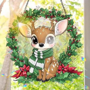 Imagem de Acrílico colorido Suncatcher, pingente para pendurar apanhador de sol estilo vitral de cervo, decoração de arte de parede com corrente, decoração de arte de parede com corrente, refrator de janelas de