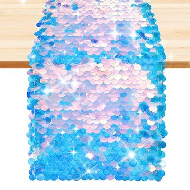 Imagem de Caminho de mesa de sereia, 30,5 x 213 cm holográfico sereia lantejoulas para decoração de festa oceano aniversário
