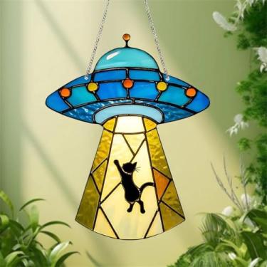 Imagem de 1 nave espacial azul, gato preto, disco de acrílico plano 2D com pingente de corrente, decoração de janela, decoração de varanda, decoração caprichosa de vitral para casa e jardim para amantes de
