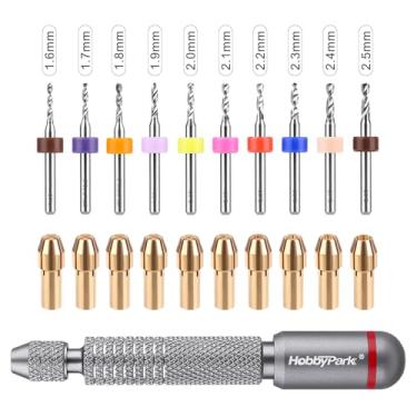 Imagem de HobbyPark Conjunto de brocas manuais de metal mini torno de broca manual (10) e micro pinças de mandril (10) para reparo de modelos RC em madeira, artesanato, joias, escultura, resina, ferramentas de