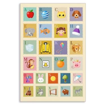 Imagem de Xianyojafa Arte de parede em tela de berçário do alfabeto rosa pastel A-Z, pôster educacional ABC arco-íris para crianças, gráfico colorido Abc decoração de parede para sala de jogos, pôster de