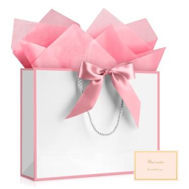 Imagem de JMANNI 1 bolsa de presente grande com fita e 1 cartão de felicitações, 2 papéis de seda, bolsa de presente de papel portátil com alças, sacos de presente de aniversário para festa de casamento, dia