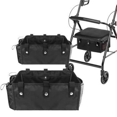 Imagem de BOHEMIABY 2 peças de sacos de rollator sob o assento atualizados com suportes de copo, cesta de andador com tração nas quatro rodas, bolsas reutilizáveis para andador, acessório de cesta rollator para