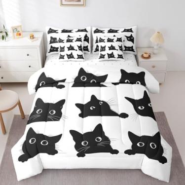 Imagem de Feelyou Jogo de edredom infantil de gato preto com estampa de animais fofos, 7 peças, kawaii, para decoração de quarto de adultos para todas as estações