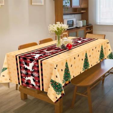 Imagem de Caminho de mesa de Natal – panos descartáveis de plástico em T, toalhas de mesa de Papai Noel, boneco de neve, toalha de mesa de Natal para decorações de festa de Natal de inverno (272 x 137 cm)