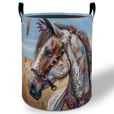 Imagem de Cesto de roupa suja Western Horse, 50 x 40 cm, balde de armazenamento de roupas Oxford dobrável tribal à prova d'água para quarto, banheiro, quarto, berçário, decoração, organizador de brinquedos