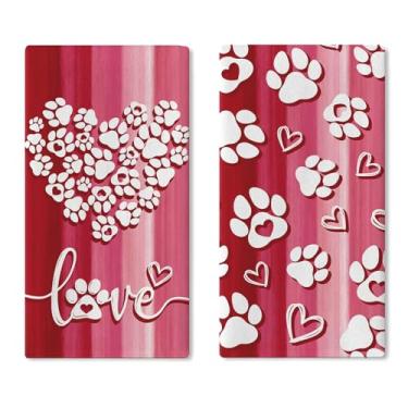 Imagem de Croar Conjunto de 2 toalhas de prato de cozinha com estampa de pata de cachorro e gato para dia dos namorados, rosa, vermelho, amor, coração, secagem, pano, cozinha, pano, aniversário, casamento
