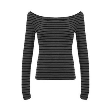 Imagem de Camiseta Feminina Preta E Cinza Listrada Com Ombros Descidos Manga Lon