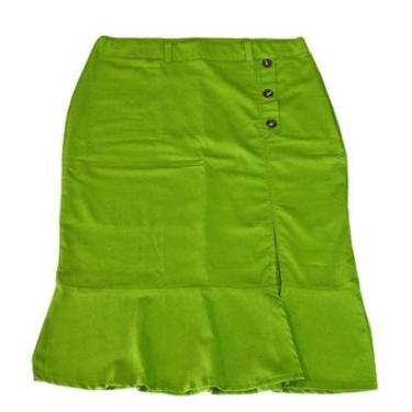 Imagem de Saia Feminina Linho Longa Fenda Botões Babado Verde Plus size-Feminino