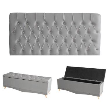 Imagem de Kit Estrela Cabeceira De Cama Painel E Calçadeira Baú Botão Cristal Queen 160 Cm Suede Prata Do Lar Móveis E Decoração
