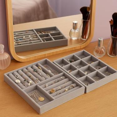 Imagem de Kit 2 Bandejas Porta Joias Veludo Organizadora Bijuterias expositor de jóias caixa pandora Organização e Luxo Cor Cinza