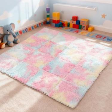 Imagem de Maasechs 16 Pcs Plush Puzzle Foam Floor Mat, 11.8 x 11.8 Inch Soft Interlocking Carpet Tiles, Colorful Shaggy Play Mat for Play Room, Nursery, Dorm Decor
