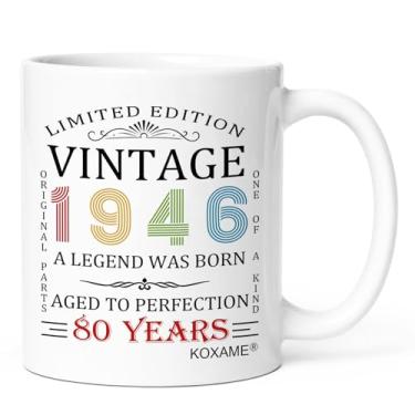 Imagem de KOXAME Presentes de aniversário de 80 anos para mulheres e homens, caneca de café vintage 1946 325 ml, presente de aniversário de 1946 para mãe, pai, marido, esposa, papai, avó, amigo, nascido em 1946