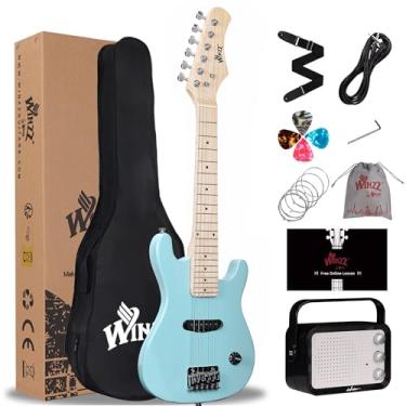 Imagem de WINZZ Kit de guitarra elétrica infantil de 76 cm, mini guitarra elétrica para iniciantes com amplificador, estojo, cordas extras, palhetas, alça, cabo e chave inglesa, verde claro