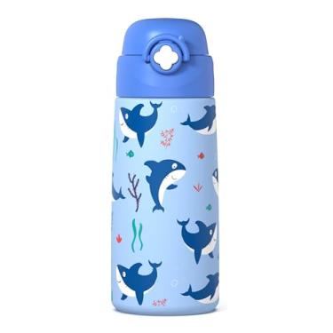 Imagem de Garrafa de água isolada para meninos com canudo pop-up coberto, copos infantis de 473 ml com aço inoxidável à prova de vazamento para escola (tubarão azul)