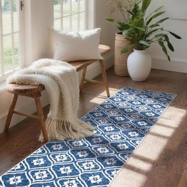 Imagem de EcoNest Tapetes 5 x 15 cm, tapete azul lavável para sala de estar, tapete geométrico, boêmio, macio, estampa marroquina, antiderrapante, para uso interno, cozinha, banheiro