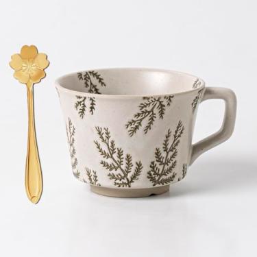 Imagem de JIGVOE Xícara de café de cerâmica estampada, xícara de chá de 340 g com colher de flor, canecas de café latte vintage para chá/cappuccino/leite/cacau, lavável na lava-louças no micro-ondas (folha