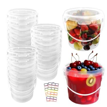 Imagem de LECEHIVO 24 peças de baldes transparentes de 1,4 l com tampas, recipientes de sorvete de plástico com adesivos coloridos e alça, baldes redondos de armazenamento de alimentos para freezer e