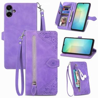 Imagem de Furiet Capa carteira para Samsung Galaxy A06 5G com cordão de pulso, estampa de flor, bolso de couro, flip para cartão, suporte, acessórios para celular, capa para celular Ao6 A 06 4G LTE roxo