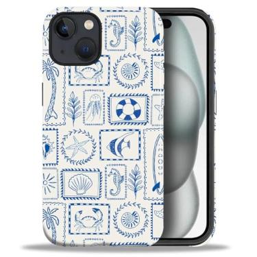 Imagem de Flivro Capa para iPhone 15, capa rígida de policarbonato e amortecedor interno de silicone, antiarranhões, à prova de impacto, design fino - carimbos conchas azuis verão