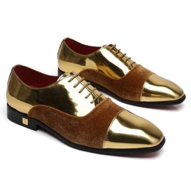Imagem de Erphpre Paul Sapato masculino Blake Oxfords de couro envernizado confortável para festa de casamento, Dourado, 46