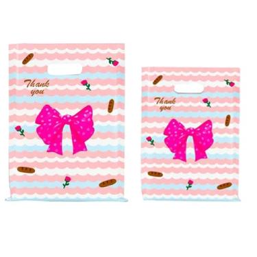 Imagem de Voddkis 100 peças, sacos de compras de plástico para mercadorias, 2 tamanhos, sacolas de presente com alça para pequenas empresas, boutiques, lojas de roupas, casamentos, lembrancinhas de festa