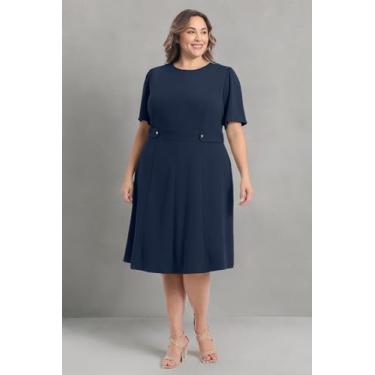 Imagem de London Times Midi feminino de malha com ilhós, manga curta, crepe inserido, cintura midi com detalhe de botão, Blazer azul-marinho, 46