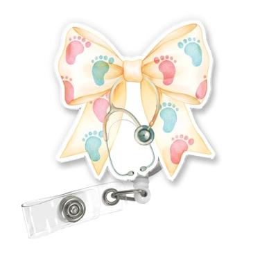 Imagem de ULTRAVUTT Carretel de crachá de parto e parto de arco fofo, porta-identidade retrátil com arco de pegada pastel e clipe jacaré – Acessórios para enfermeiras e profissionais de maternidade, hospitais e