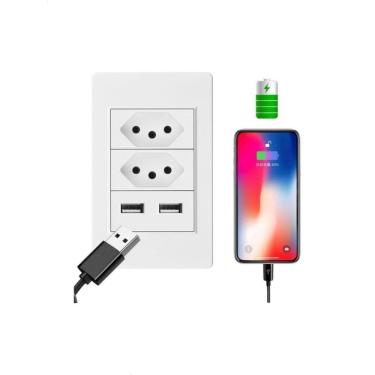 Imagem de Espelho Tomada Duplo Usb Entrada 3 Pinos Bivolt Carregador