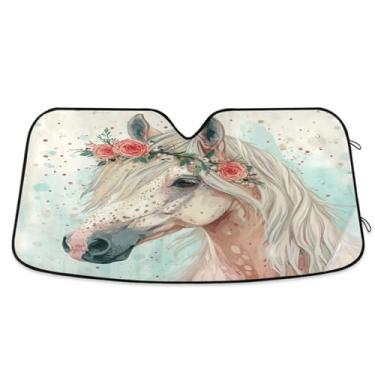 Imagem de ATTX Para-brisa de carro cavalo cinza floral 139.7 cm x 70.1 cm Escudo solar universal com proteção UV, persiana de janela frontal automática dobrável para caminhões Sedans SUVs #767