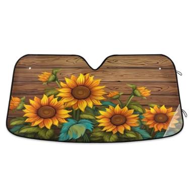 Imagem de ATTX Girassóis em tábua de madeira pára-brisa de carro 134,6 cm x 59,7 cm escudo solar universal com proteção UV, persiana de janela frontal automática dobrável para sedãs SUVs caminhões #379