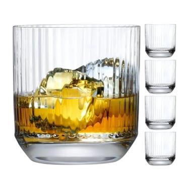 Imagem de NUDE Conjunto de 4 copos de uísque SOF – 262 g de cristal sem chumbo Old Fashioned Rocks Copos para Whisky, Scotch e Bourbon – Padrão linear gravado, lavável na lava-louças