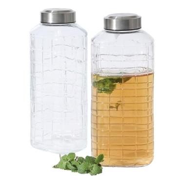 Imagem de Gibson Home Whistler Peak Pacote com 2 garrafas de vidro reutilizáveis grandes em relevo com tampa de aço inoxidável hermética à prova de vazamento, jarra para água, leite, suco, lavável na