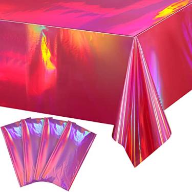 Imagem de Pacote com 4 toalhas de mesa de plástico iridescente rosa choque brilhantes descartáveis a laser retangulares toalhas de mesa holográficas, decorações de festa iridescente, aniversário, noiva,