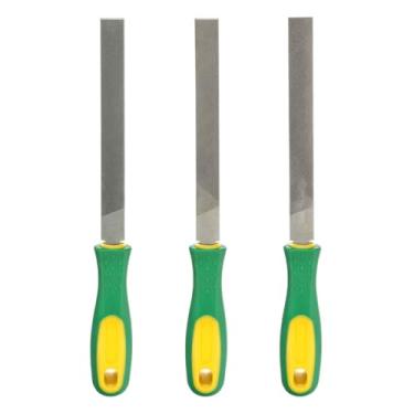 Imagem de HARFINGTON 3 limas de corte plano de 15 cm com dentes de corte duplo de aço de alto carbono com alça de plástico para remoção de rebarbação de madeira de metal