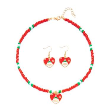 Imagem de Conjunto de colares e brincos de Natal para mulheres, árvore de Natal, floco de neve, papai noel, gargantilha com pingente de coração, vermelho, verde, branco, árvore de floco de neve, brincos de