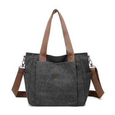 Imagem de DOURR Sacola vintage de lona lavada para mulheres, casual, bolsa tiracolo para carregar todos os dias, bolsa de ombro, viagem, trabalho, Preto, Medium, Casual Multi Bolso Prático
