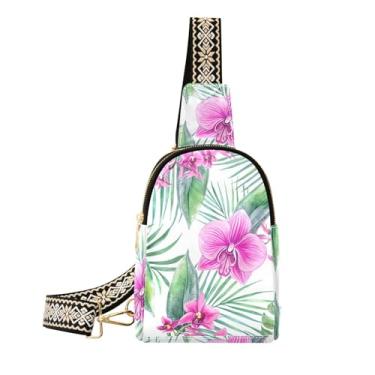 Imagem de CEBUGI Pochete feminina de couro com folhas tropicais com folhas de flores tropicais, bolsa de peito para caminhadas, viagens ao ar livre