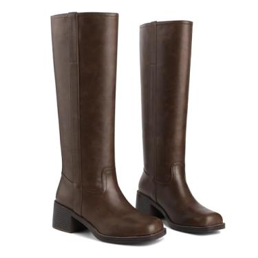 Imagem de Migpuel Botas femininas de cano alto banana bico quadrado salto grosso botas de equitação confortáveis salto baixo casual panturrilha larga cano alto botas campus, Cacau, 38