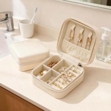 Imagem de Mini estojo de viagem, pequena caixa organizadora de joias de couro PU portátil para brincos e colares, presente para mulheres, meninas