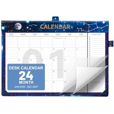 Imagem de MINICAGIE Calendário de mesa 2026-2027, janeiro de 2026 a dezembro de 2027, calendário de mesa grande de 24 meses, 17 x 12 com capa de PVC e listas de tarefas, almofada de mesa de couro, calendário de