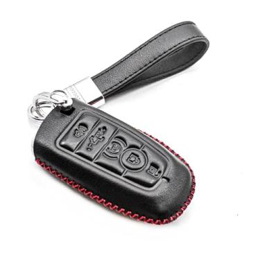 Imagem de Adequado para Ford F-150 F-250 F-350 F-450 F-550 Super Duty Edge Expedition Explorer Fusion Mustang Capa de couro legítimo com protetor de entrada sem chave, com chaveiro (5 botões, preto/vermelho)