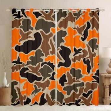 Imagem de Duck Hunter Cortinas de caça de camuflagem laranja para quarto e sala de estar (2 painéis, 132 x 213 cm) cortinas blackout marrom preto camuflado exército 30%-50% escurecimento cortina blackout