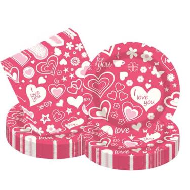 Imagem de Furimuk 40 peças de pratos e guardanapos de papel descartáveis para dia dos namorados, rosa, branco, artigos de festa, utensílios de jantar, sobremesa, jantar para dia dos namorados, noivados